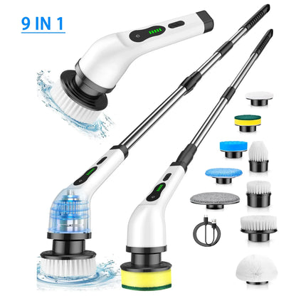 9in1 Electric Washer Cordless Electric Cleaning Brush Cleaning Bathroom Long Handle 9 Brush Heads Electric Rotating Washer