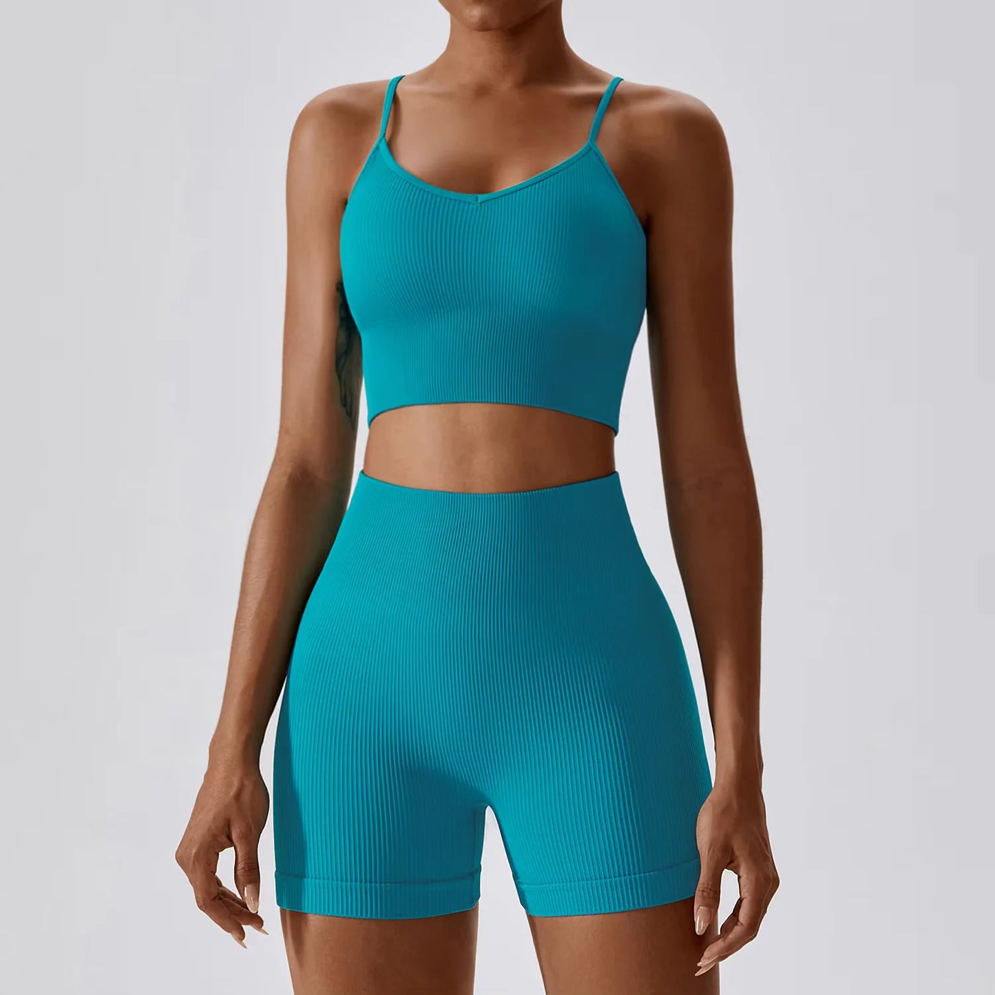 Joyyoung ODM/OEM New Sexy Training Apparel Seamless Ribbed High ed Bra Scrunch Shorts Yoga Sets Fitness Sports Clothing