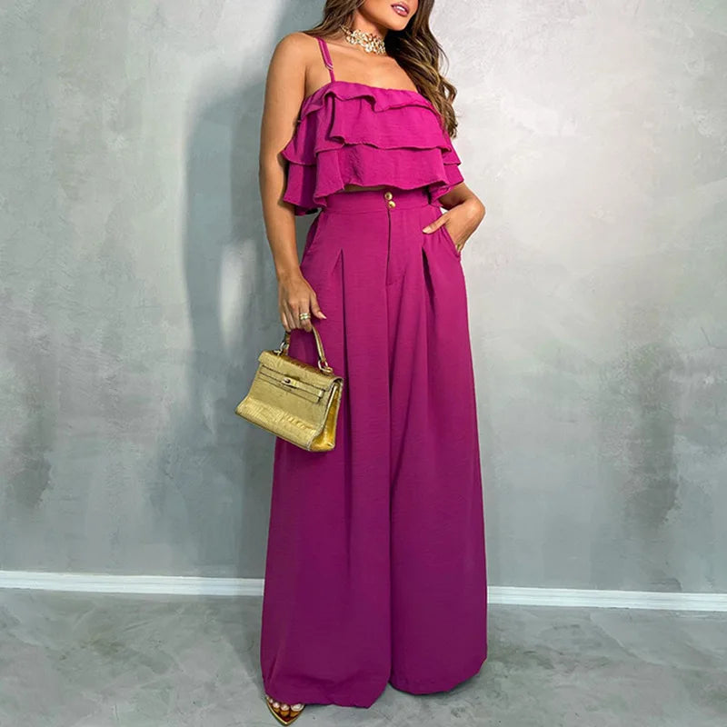 European and American Clothing 2024 New Style Ruffle Camisole Wide Leg Trousers Casual Suit