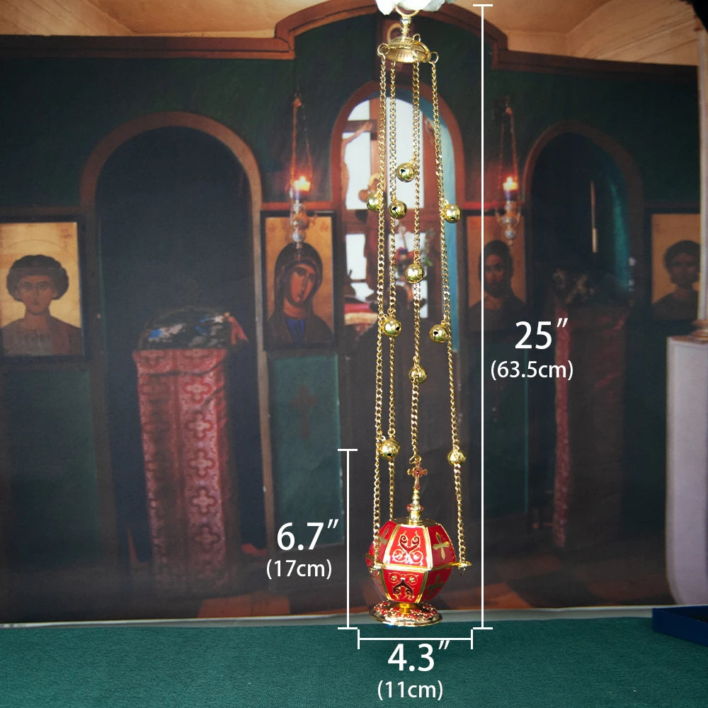 Handcrafted Orthodox Golden Censer with Vibrant Red Enamel Accents Liturgical Incense Burner for Church Ceremonies