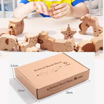 Beech Wood Beaded  Threading & Stacking Toy Set Cartoon Animals Blocks Montessori Early Education Gift for Toddler