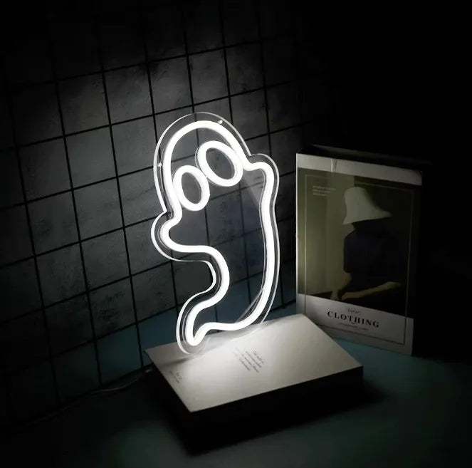 1pc White Ghost Neon Wall Decor 16x13 Inch USB Powered LED PVC Silicone Blue Bedroom Christmas Gift Party Decor Kids Game Room