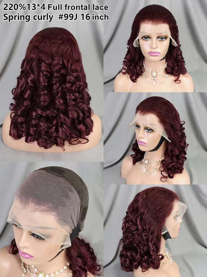Wholesale 13*4 Full Frontal Lace Spring Curly Brazilian Wig 16 Inch 220% Density 99J Raw Human Hair Wig for Black Women