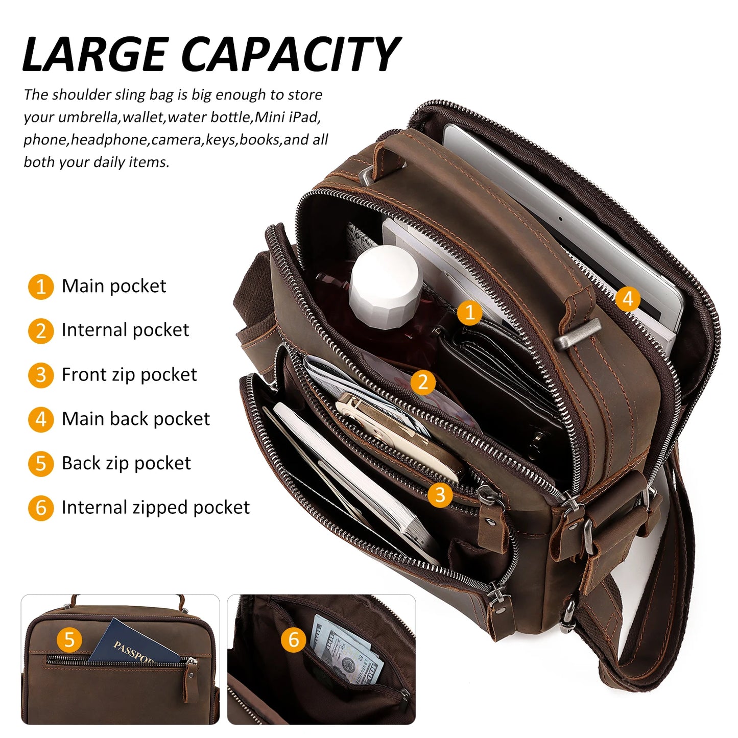 HUMERPAUL Men's Leather Shoulder Sling Bag Business Crossbody Messenger Bags for Work High Quality Male Cowhide Travel Handbag