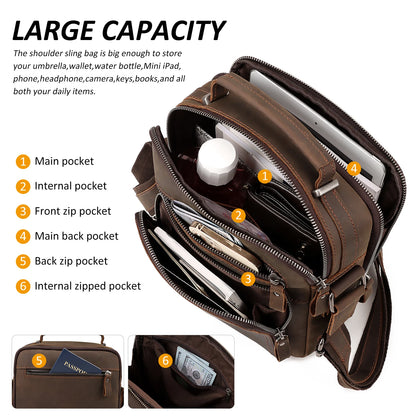 HUMERPAUL Men's Leather Shoulder Sling Bag Business Crossbody Messenger Bags for Work High Quality Male Cowhide Travel Handbag