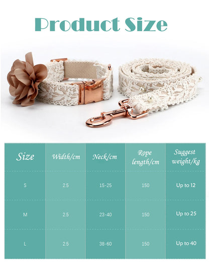 UFBemo Fashion Flowers Girl Dog Lace Dog Collar and Leash Lace Flower High- End Dog Pet Collar With Matched Leash Set