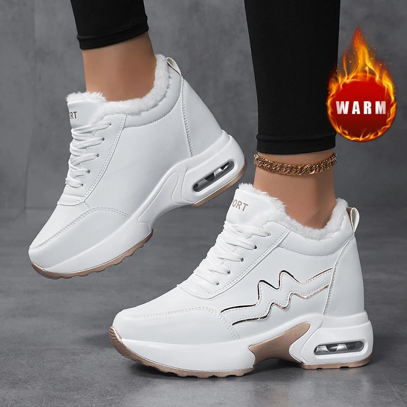 Women's Korean Style Winter Short Plush Casual Sneakers Outdoor Sports Tennis & Running Shoes with Artificial Leather Platform