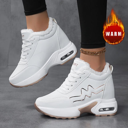 Women's Korean Style Winter Short Plush Casual Sneakers Outdoor Sports Tennis & Running Shoes with Artificial Leather Platform