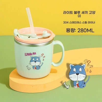 Stock 304 Stainless Steel Children's Water Cup with Cover Double Anti-scalding Anti-drop Cartoon Milk Cup Straw Thermos Cup