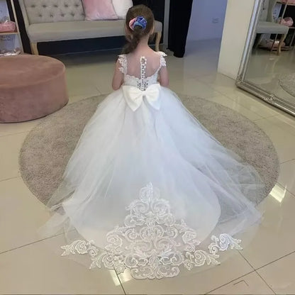 Morili Puffy Big Size Appliqued Lace Ball Gown Sheer Neck Customized Appliques Kids Wedding Flower Girl Dresses MF504
