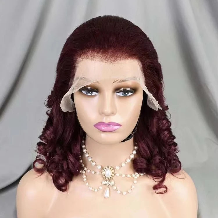 Wholesale 13*4 Full Frontal Lace Spring Curly Brazilian Wig 16 Inch 220% Density 99J Raw Human Hair Wig for Black Women