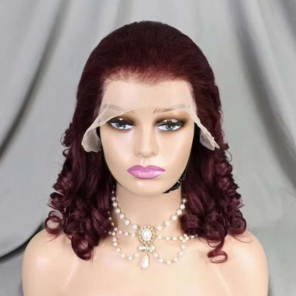 Wholesale 13*4 Full Frontal Lace Spring Curly Brazilian Wig 16 Inch 220% Density 99J Raw Human Hair Wig for Black Women