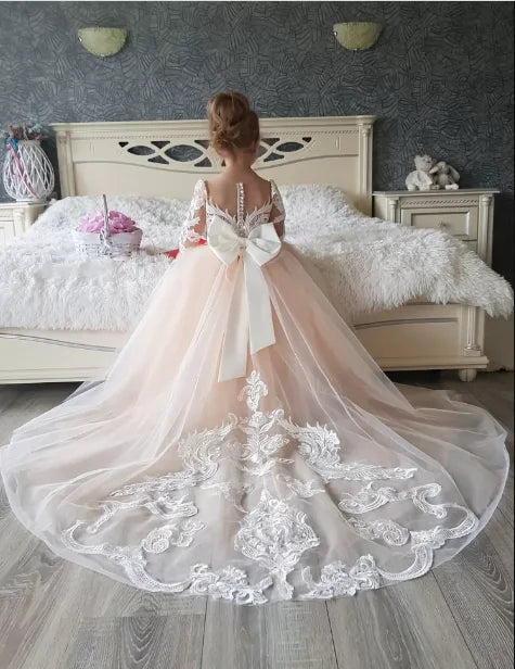 Bows Children's First Communion Dress Princess Formal Tulle Ball Gown Wedding Party Dress Cute Pink Lace Flower Girl Dress MF80