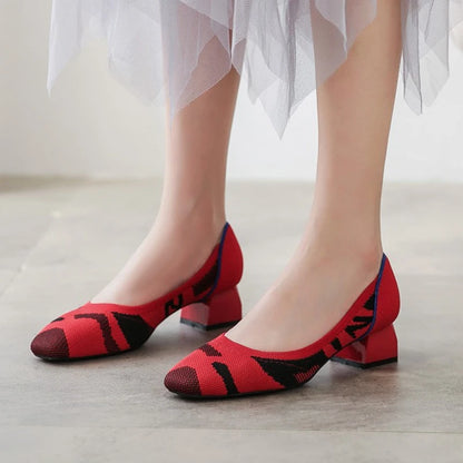 Knitted Fabric Comfortable Office Wear Formal Shoes Slippers Low Block Heels for Women