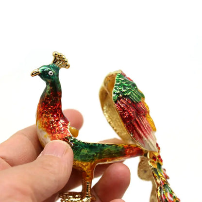 SHINNYGIFTS Peacock Shape Jewelry Trinket Box Metal Enameled With Rhinestone Metal Craft Collectibles