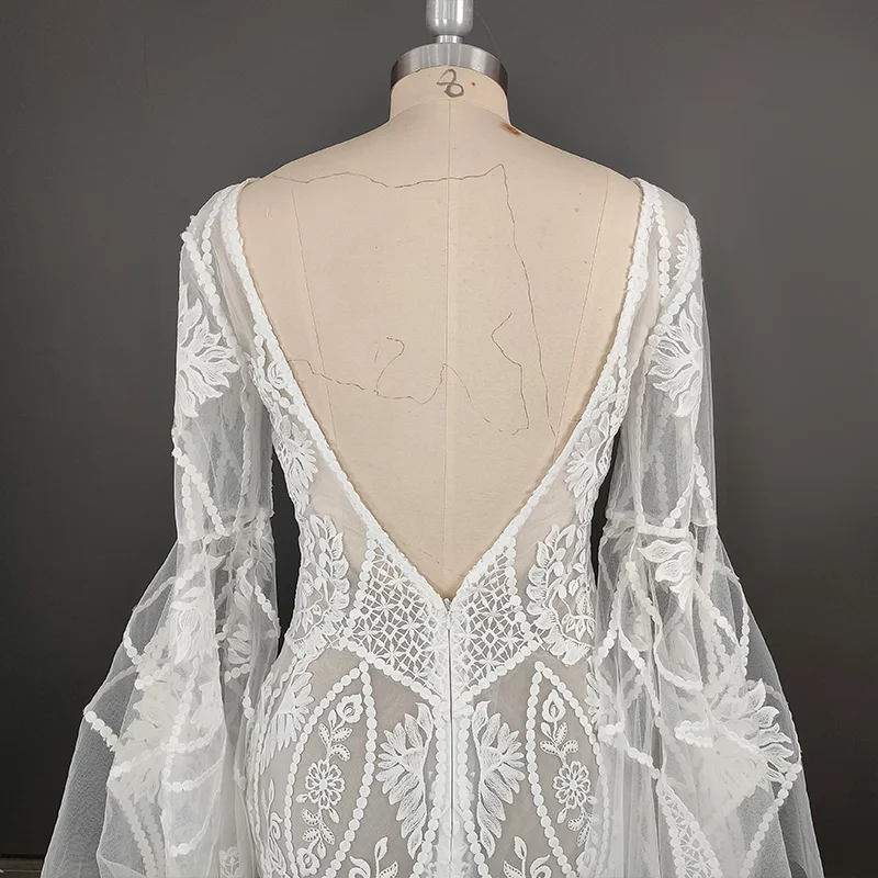 4515# Modern Sweep Train Backless Flare Sleeves Wedding Dress Elegant Illusion Appliques Mermaid Lace Bridal Gown REAL PICTURE