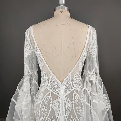 4515# Modern Sweep Train Backless Flare Sleeves Wedding Dress Elegant Illusion Appliques Mermaid Lace Bridal Gown REAL PICTURE