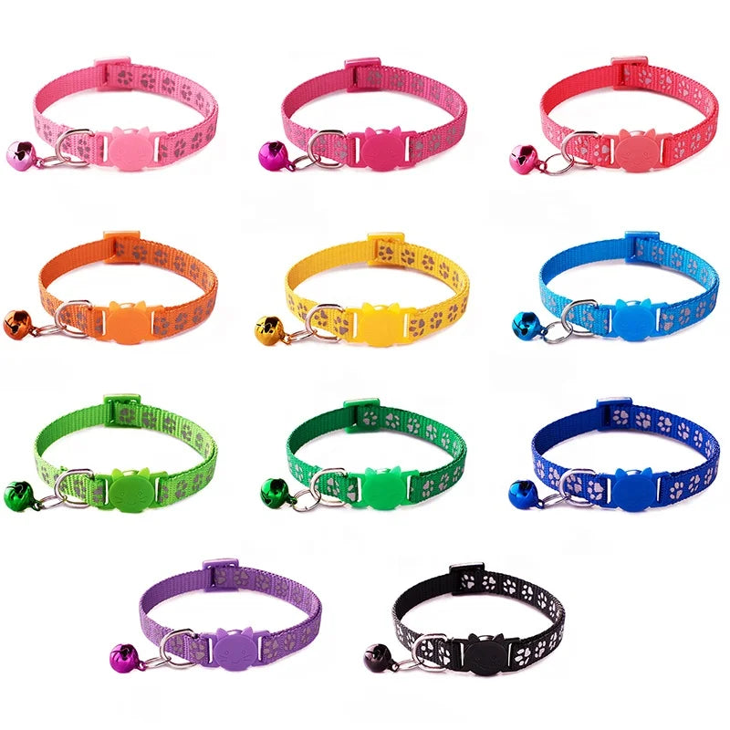 Cute 1.0cm Reflective Stripe Cat Collar with Breakaway Head Plastic Buckle Polyester Small Colored Bell Printed Pet Paws Design
