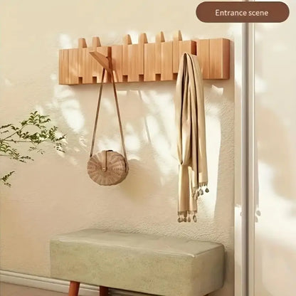 Foldable Wooden Wall-Mounted Piano-Key Design Hook Stand Multiple Hook Storage Rack for Scarves Towels Coats