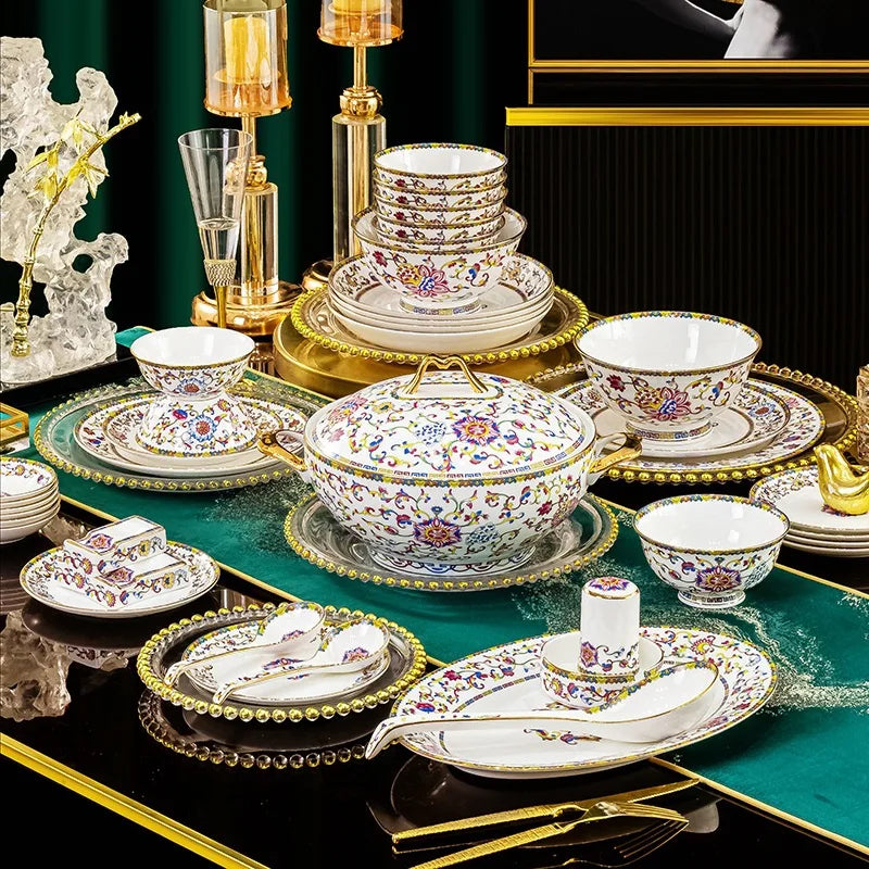 Luxury Enamel Flower Dinnerware Set Golden Rim White Porcelain Dinner Plates Soup Bowls Set Tableware for Wedding Gifts