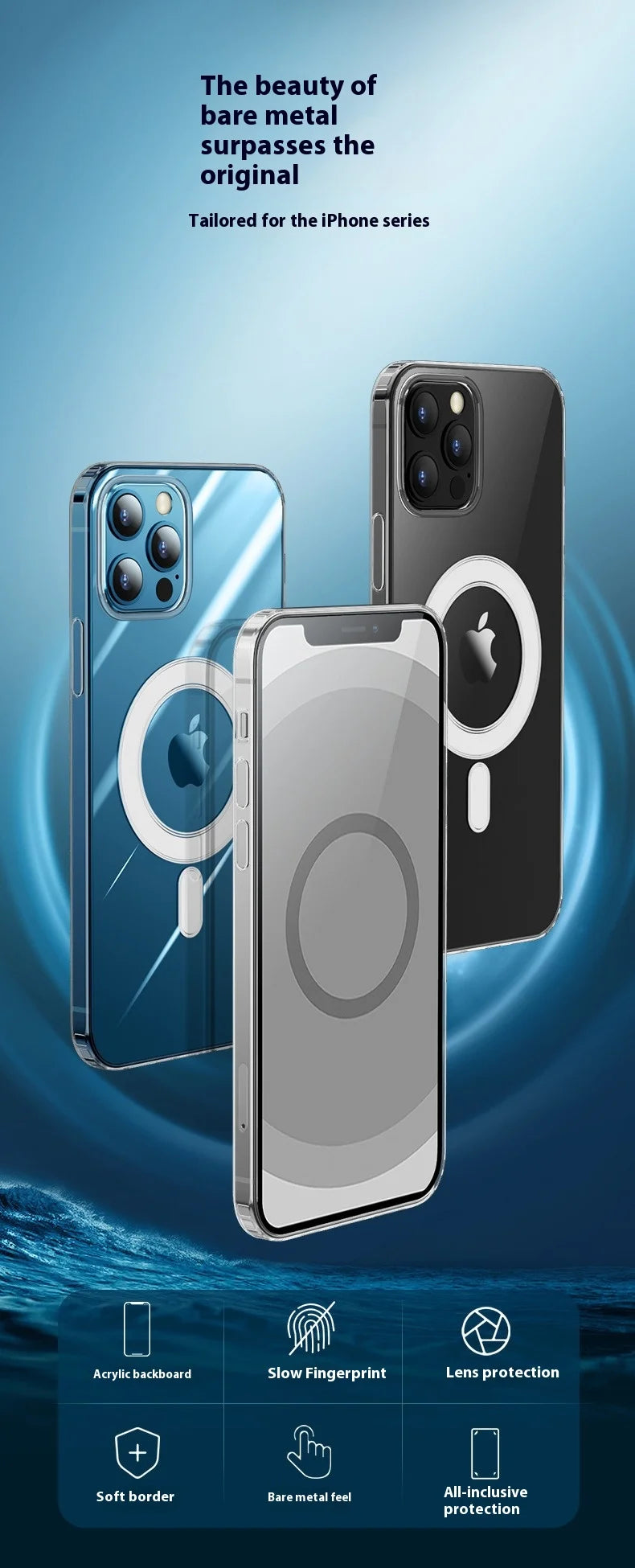 Stylish Transparent Acrylic Shockproof Wireless Charging Mobile Case Holster for iPhone 7/8/XR/XS/11/12/13/14/15/16/17 Pro Max