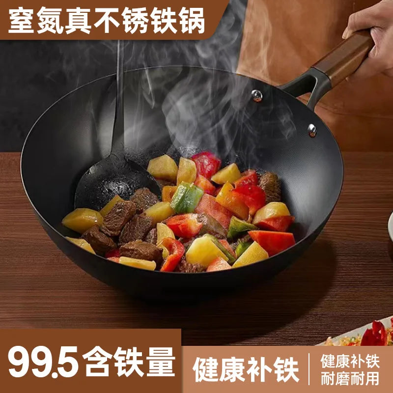 Extra Thick Nitrided Cast Iron Frying Pan Wood Grain Handle Tempered Glass Lid Non-Coated Non-Stick Surface CE Certified