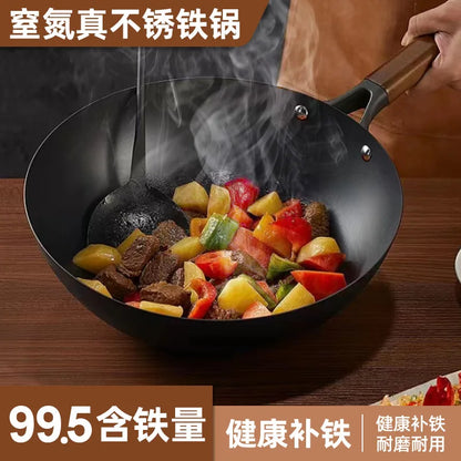 Extra Thick Nitrided Cast Iron Frying Pan Wood Grain Handle Tempered Glass Lid Non-Coated Non-Stick Surface CE Certified