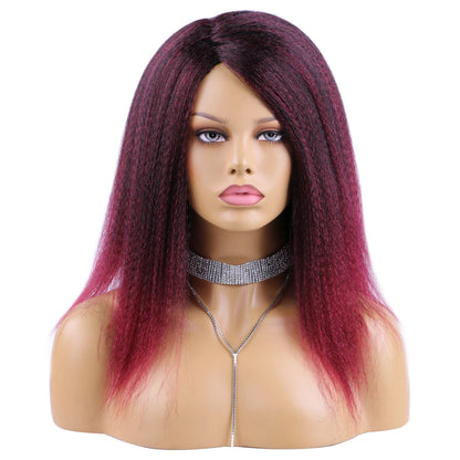 Wholesale 14 Inch Yaki Straight Afro Light Brown Lace Hair Wig Glueless Synthetic Middle Part Women  Machine-Made Long Wigs