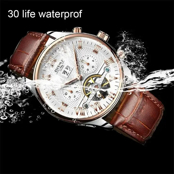 KINYYED J012 Herrenuhr, mechanische Armbanduhr mit Lederarmband, Automatikuhr für Freizeit und Business, Kalenderuhr für Herren, Reloj Hombre