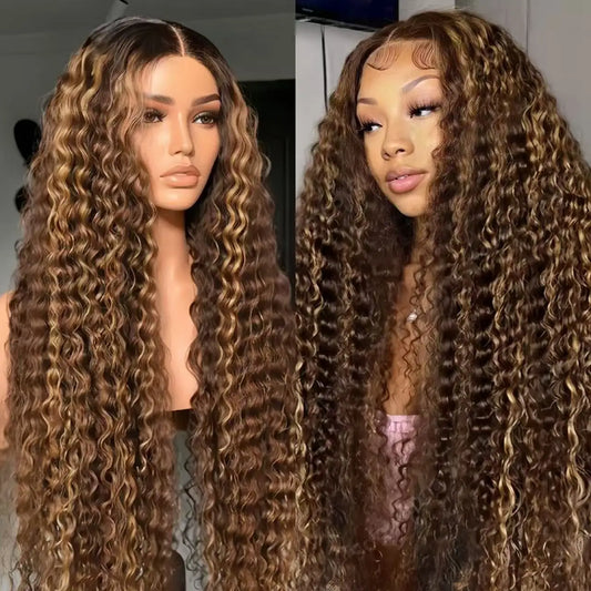 13x6 Highlight Wig Human Hair Deep Wave HD Lace Front Human Hair Wig P4/27 Ombre Brown Blonde Lace Front Wigs for Black Women