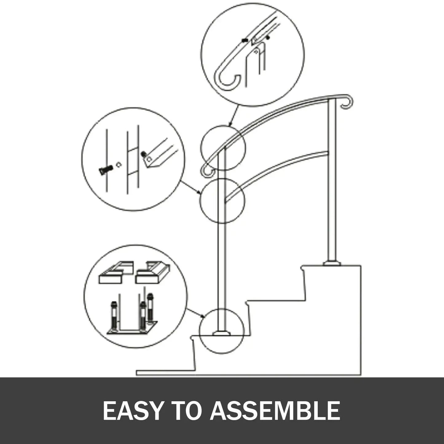 VEVOR Wrought Iron Handrail Fits 1 or 5 Steps with Installation Kit Hand Rails for Outdoor Steps Transition Handrail Stair Rail