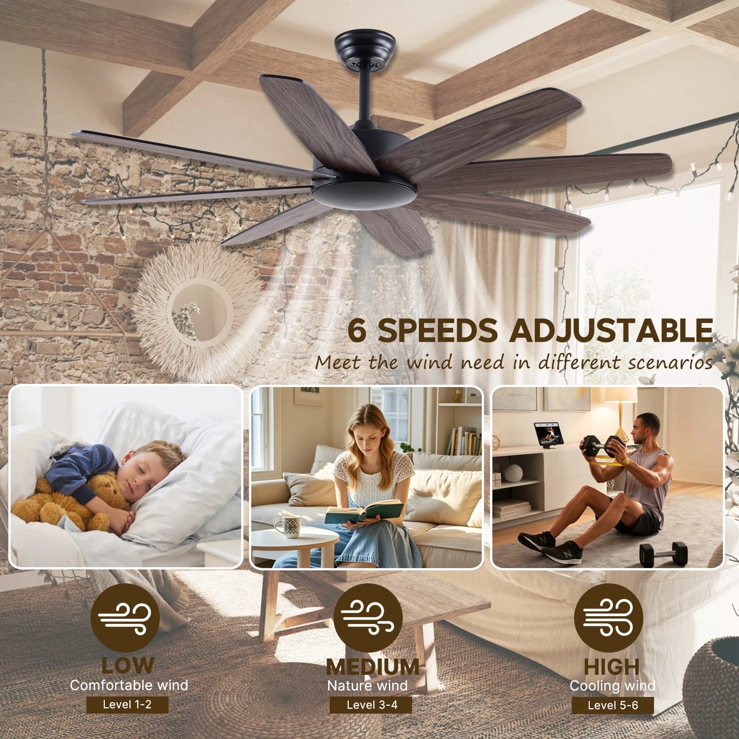 USA in Stock 52 Inch  Living Room Decorative Double Sided Blades Remote Control Ceiling Fan