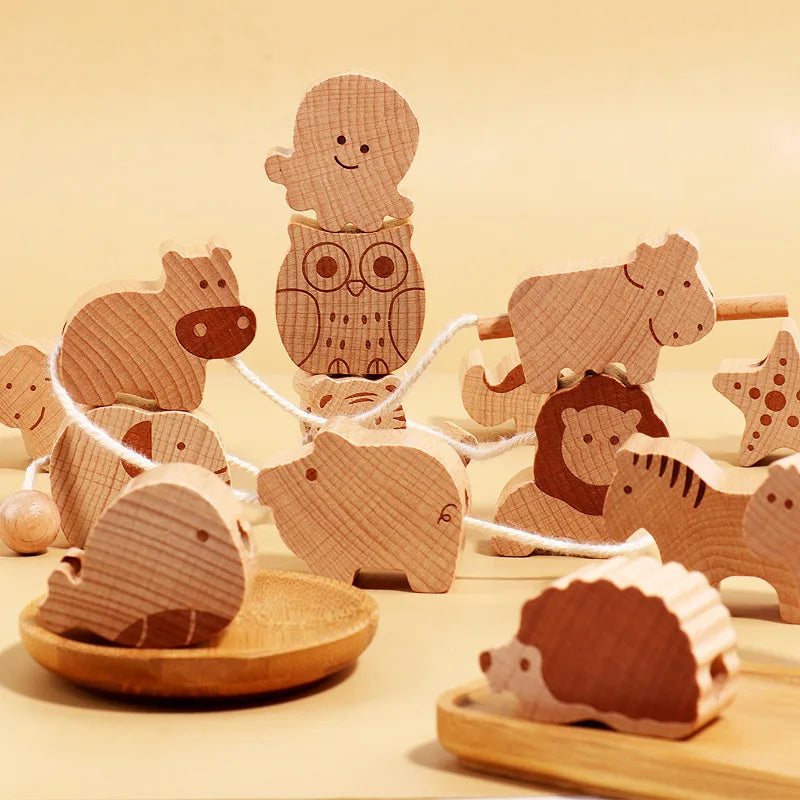 Beech Wood Beaded  Threading & Stacking Toy Set Cartoon Animals Blocks Montessori Early Education Gift for Toddler