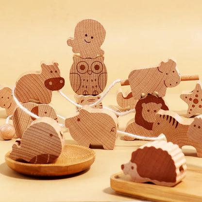 Beech Wood Beaded  Threading & Stacking Toy Set Cartoon Animals Blocks Montessori Early Education Gift for Toddler