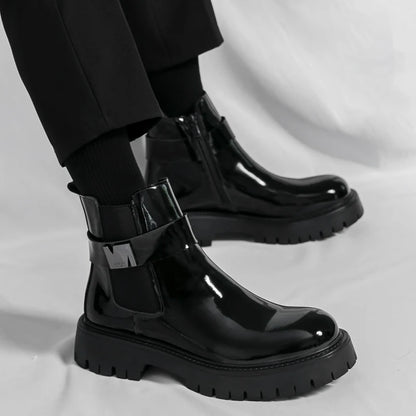 New Patent Leather Platform Men's Ankle Boots Plus Size Round Toe Men chelsea Boots Leather Boots Men