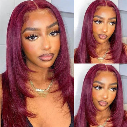 99J Straight Layer Haircut Wig 5x5 Pre-cut Lace Closure Butterfly Hair Wig Burgundy Layered Human Hair Wig Glueless