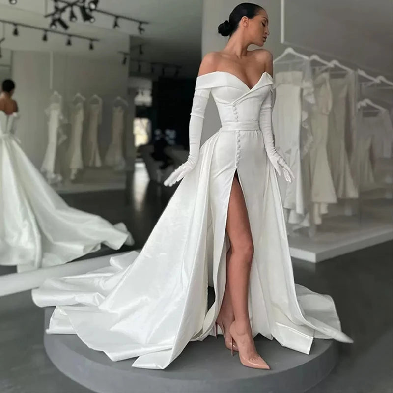 13872# Detachable Train Elegant Mermaid Wedding Dress Sexy High Side Slit Cap Sleeve Bridal Gown Lace-Up Satin Strapless Button