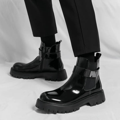 New Patent Leather Platform Men's Ankle Boots Plus Size Round Toe Men chelsea Boots Leather Boots Men