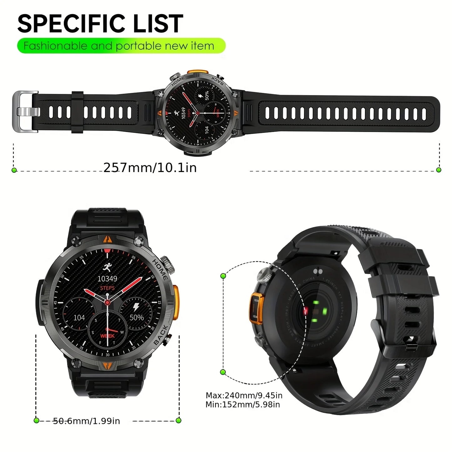 Wireless Calling EIGIIS Smart Watch for Men - LED Lighting Outdoor Sports Watch - Weather Remote Photo Music Control Smartwatch