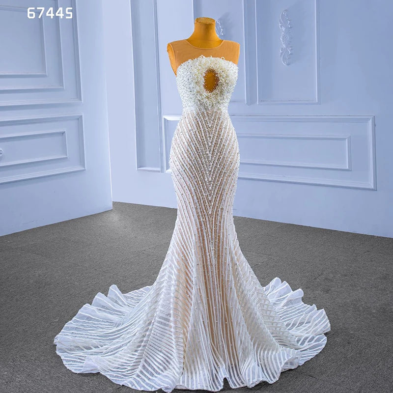 Rsm67445 2022 Bridal Wedding Dress Latest Design Luxury Sleeveless Lace Beaded Slim Fit Ladies Wedding Dress