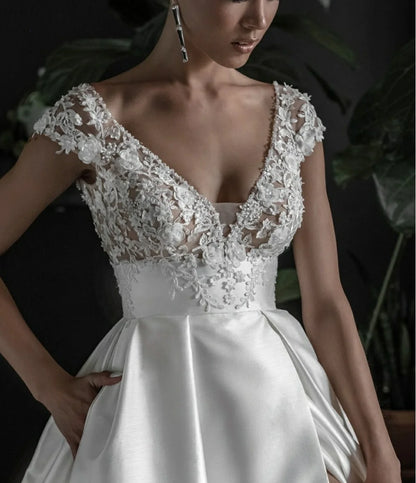 13434#Elegant Open Back A-Line Sleeveless Deep V-Neckline Sweep Train Backless Lace Applique Satin Wedding Dress Bridal Gown