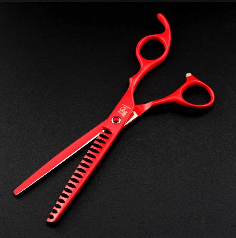 7.0 Inch  Red Veterinary Animal Shaped Scissors Pet Grooming Scissors Pet Fishbone Teeth 4 Scissors Set PTS-034