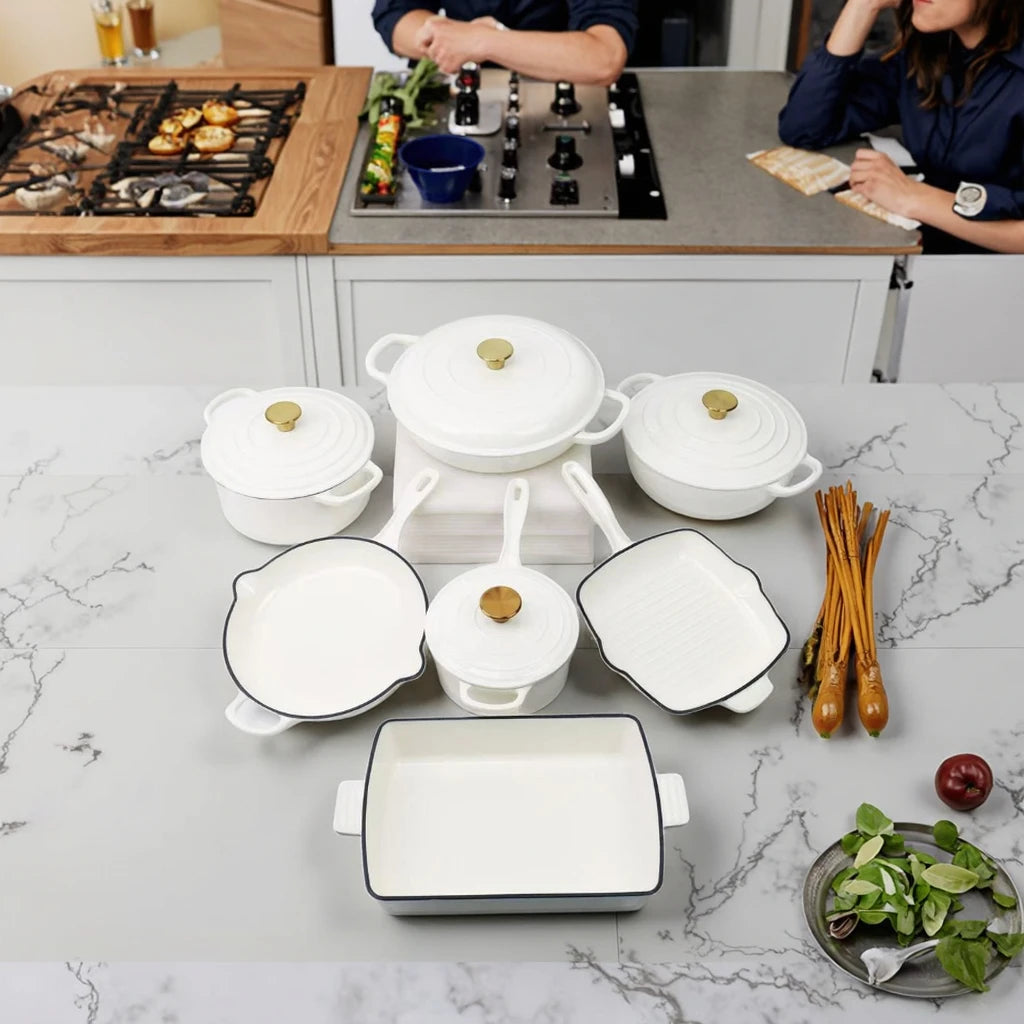 Customized 7-Piece Cast Iron Cookware Set Red Enamel Coated Kitchen Casserole Pot Durable Minimalist Metal Design Low MOQ