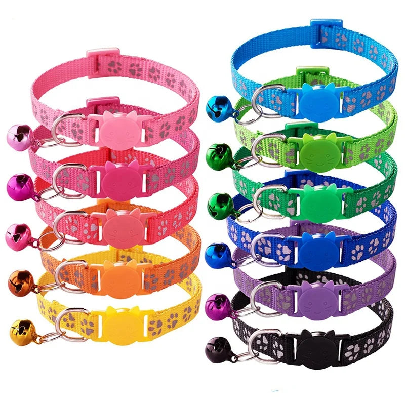 Cute 1.0cm Reflective Stripe Cat Collar with Breakaway Head Plastic Buckle Polyester Small Colored Bell Printed Pet Paws Design