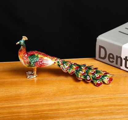 SHINNYGIFTS Peacock Shape Jewelry Trinket Box Metal Enameled With Rhinestone Metal Craft Collectibles