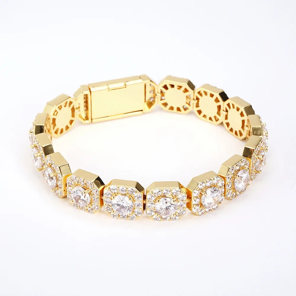 Nuoya 12mm Wholesale Hip Hop Bracelet for MenIced Out Chain 18k Gold Plated Clustered Tennis Bracelet