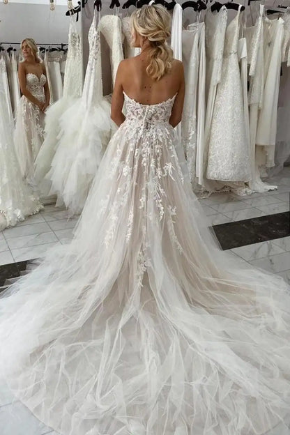 11838#Strapless Classic Sweetheart Lace Backless Elegant Boho Sexy Simple Sleeveless Beach Wedding Dress Wedding Bridal Gown