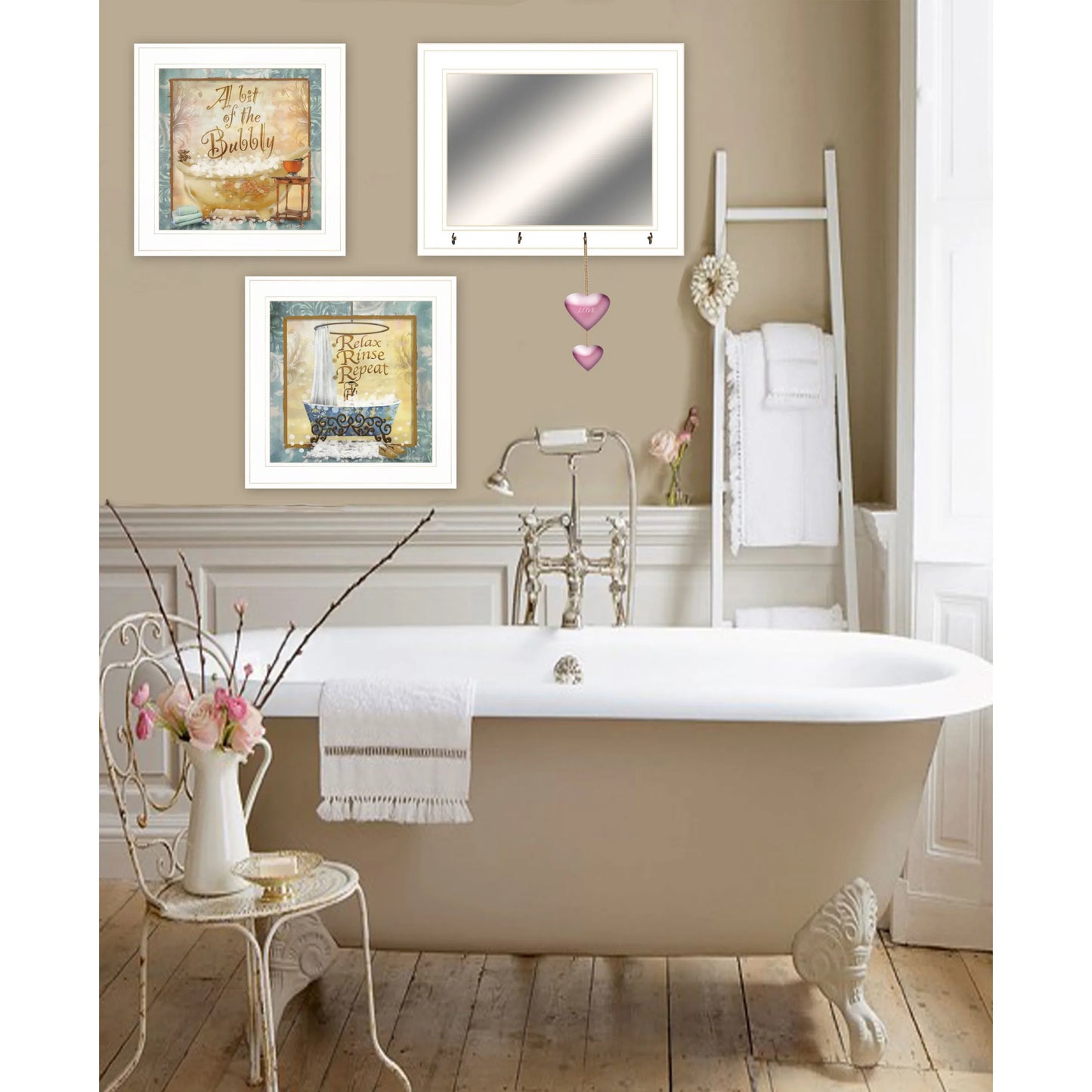 Bit of Bubbly White Framed Bathroom Wall Art Set of Three Including Mirror and Hooks by HMS