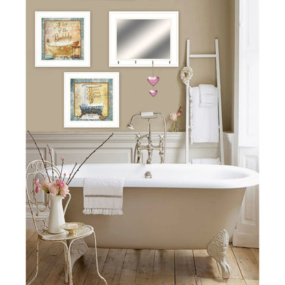 Bit of Bubbly White Framed Bathroom Wall Art Set of Three Including Mirror and Hooks by HMS