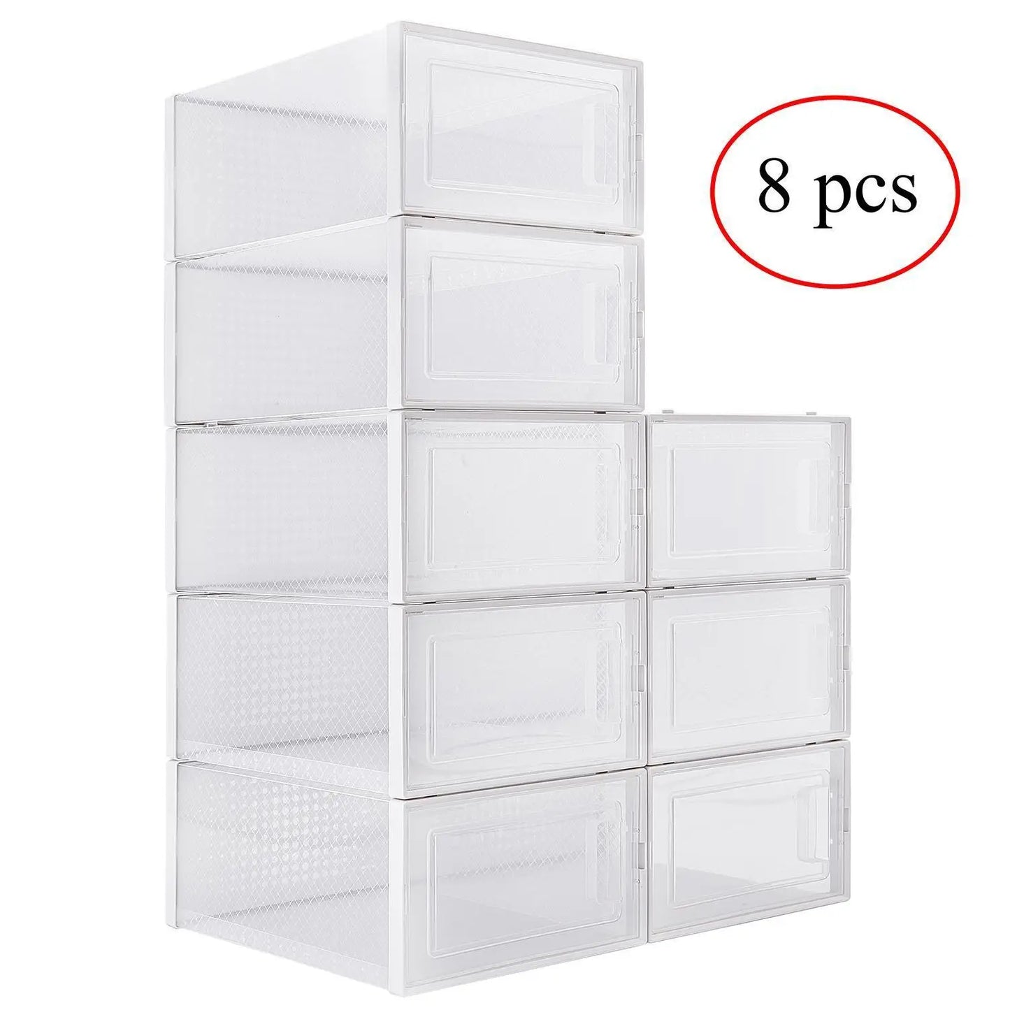 Pack of 8 Transparent and White Shoe Storage Organizers Stackable Plastic Boxes for Closet Sneakers
